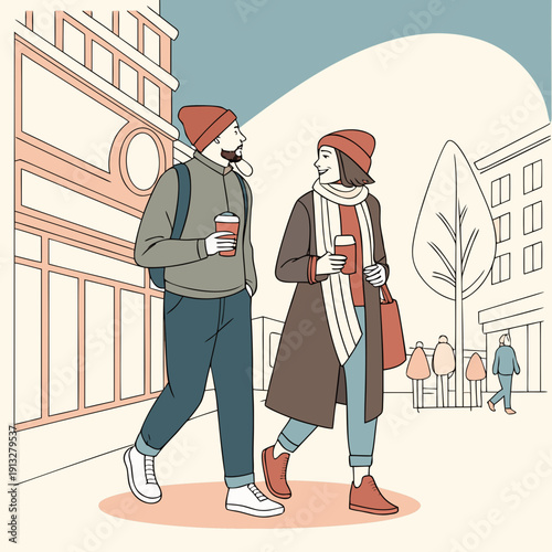 Couple traveling with backpacks embarks on an exciting city adventure, exploring new places together.