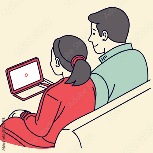 Couple connects with family through a video call on a blank screen, representing modern communication and virtual togetherness.