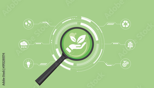 Magnifying glass focusing on eco leaf icon symbolizing sustainability, ESG goals, environmental awareness, and green business practices.