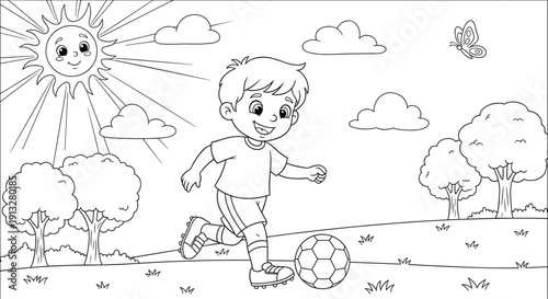 Cute boy playing soccer in park with sun clouds black and white coloring page vector illustrationCute boy playing soccer in park with sun clouds black and white coloring page vector illustration
