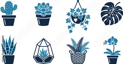 Indoor potted plants and greenery icon set blue minimalist vector icons for cactus monstera succulent home decor houseplant interior