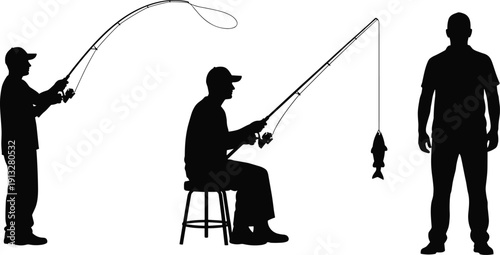 Fishing silhouette illustration, fisherman casting rod, person catching fish, angler on stool, outdoor activity, leisure lifestyle, sport fishing, black figures