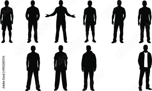 Collection of standing men silhouettes in different poses and casual clothing isolated on white background for character design, fashion and urban lifestyle projects