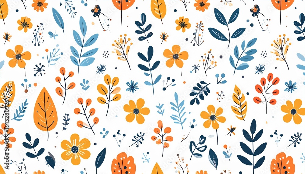 Obraz premium Hand drawn watercolor floral seamless pattern with leaves and flowers on white background