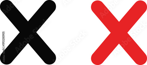 Cross mark icon vector set with black and red X symbols isolated on white background for error cancel close interface design