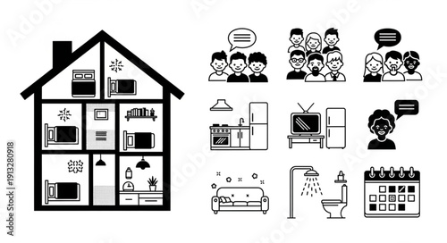 Illustration of a house interior and daily life icons.