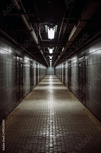 Dark Hallway With Bright Lights at the End of a Long Corridor in a Building a...