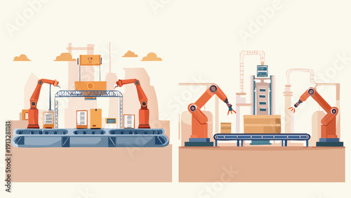 Automated factory assembly line with robotic arms and conveyor belts, illustrating industrial automation and manufacturing processes