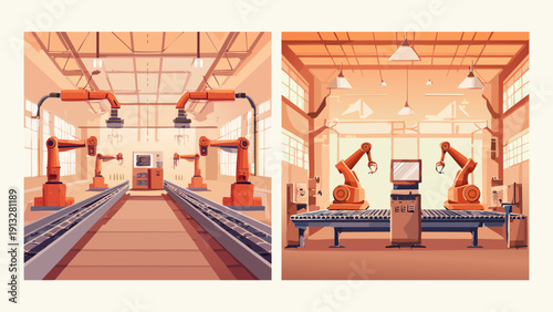 Automated industrial production lines showcasing modern robotic assembly and manufacturing processes in a smart factory environment, emphasizing efficiency and future technology concepts