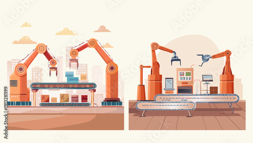 Futuristic industrial automation scenes with robotic arms streamlining production lines, illustrating advanced manufacturing technology and smart factory operations