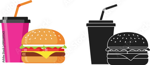 Fast food burger and soda drink vector illustration set colorful and black silhouettes isolated on white background for restaurant menu design