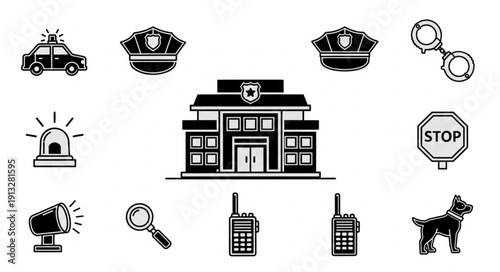 Police Department Icons Set Featuring Building Car and Equipment.