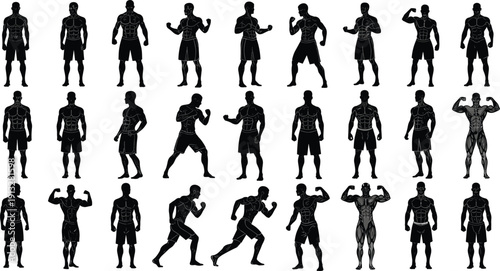 Bodybuilder silhouette set, muscular fitness men posing and exercising collection isolated on white background, gym workout athlete icons,