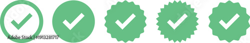 Set of account verification icons with check marks in circle and badge shapes for social media profile security. Green tick authenticity symbol isolated on transparent background. Vector illustration.