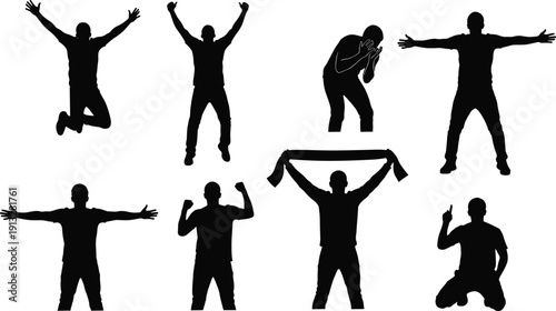 Cheering fan silhouette set, jumping man celebrating victory and sports success poses collection isolated on white background, winner,