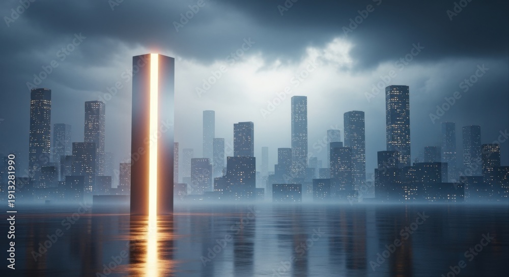 Fototapeta premium Futuristic Cityscape with Glowing Monolith, Dark Urban Scene, Modern Architecture, and Technological Advancement, Reflective Water