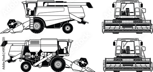 Combine harvester agricultural machine vector illustration with detailed outline and front, side views isolated on white background for farming and agribusiness design