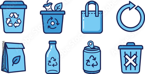 Waste management and recycling icon set blue dual tone vector elements for recycle bin compost reusable bag zero waste paper bag glass