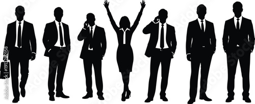 Successful business team silhouette, professional corporate group standing together, businessman walking with briefcase, woman celebrating victory, talking on phone.