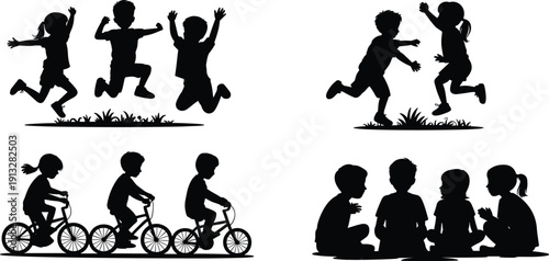 Children silhouette outdoor activities, jumping running playing, cycling recreation, sitting circle storytelling, childhood fun interaction, friendship community lifestyle illustration showcase