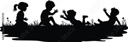 Children silhouette outdoor play, joyful poses sitting reaching lying, grass flower nature scene, carefree childhood fun, friendship innocence lifestyle illustration showcase