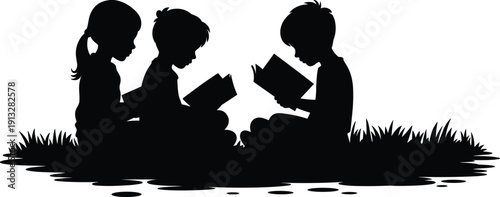Children silhouette reading outdoors, sitting on grass circle, peaceful learning scene, literacy education illustration, childhood friendship study lifestyle showcase