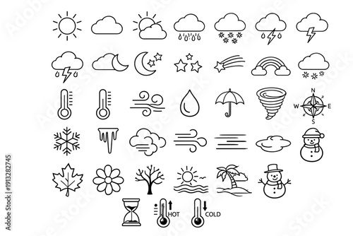 Collection Of Weather Icons In Outline Style On A White Background