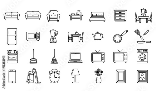 Household Essentials Monochrome Line Art Vector Icons