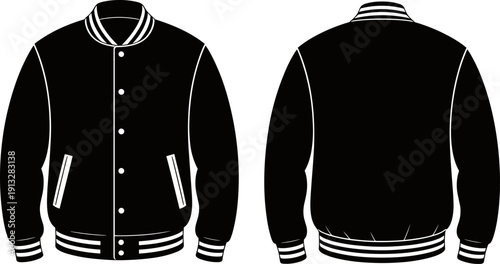 Black and white vector silhouettes of a classic varsity bomber jacket shown from front and back views isolated on white background for apparel design.