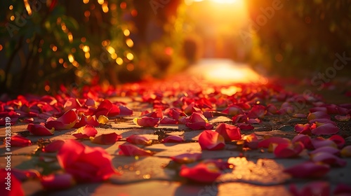 Wallpaper Mural Romantic Rose Petals Scattered on Forest Path at Golden Sunset Torontodigital.ca