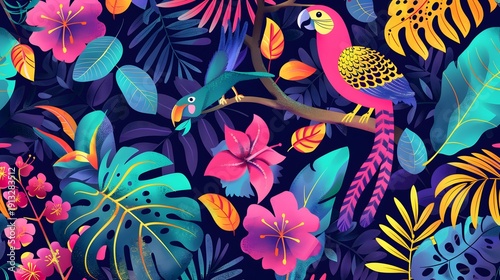 Wallpaper Mural Colorful tropical birds with vibrant jungle leaves and exotic flowers seamless botanical illustration background Torontodigital.ca