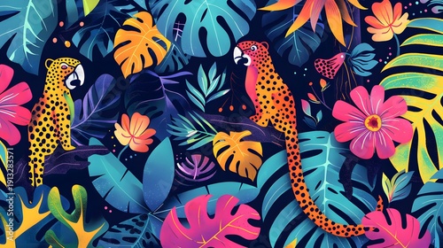 Wallpaper Mural Colorful tropical birds with vibrant jungle leaves and exotic flowers seamless botanical illustration background Torontodigital.ca