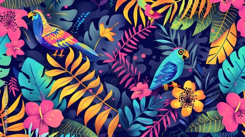 Wallpaper Mural Colorful tropical birds with vibrant jungle leaves and exotic flowers seamless botanical illustration background Torontodigital.ca