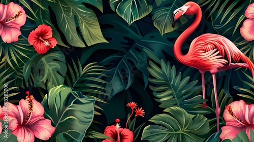 Wallpaper Mural Tropical flamingo illustration in lush jungle with hibiscus flowers and exotic foliage background Torontodigital.ca