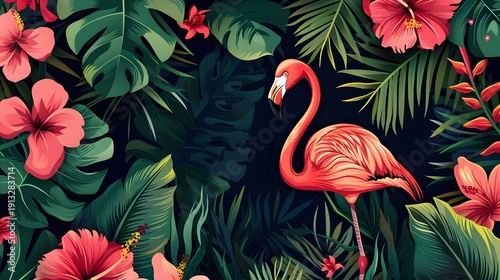 Wallpaper Mural Tropical flamingo illustration in lush jungle with hibiscus flowers and exotic foliage background Torontodigital.ca