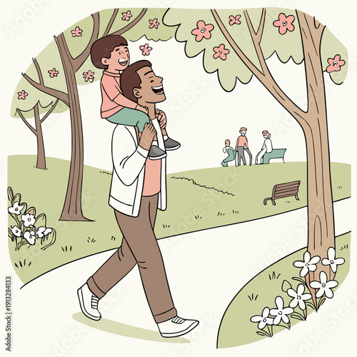 Joyful father carrying his child on his shoulders through a sunny park, sharing a happy moment of connection and play.