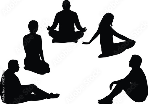 Meditation and yoga people silhouettes in seated poses representing mindfulness, relaxation, inner peace, wellness, spiritual balance, and healthy lifestyle concept on white background