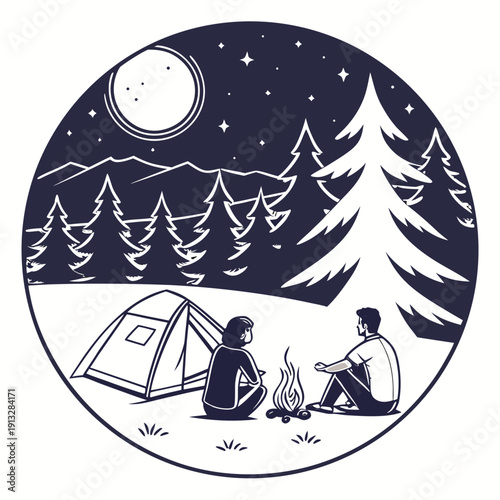 Friends camping at night under a starry sky with a glowing tent, peaceful forest adventure, cozy outdoor experience.