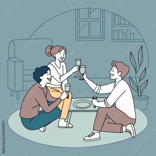 Friends clinking glasses during an evening get-together, toasting to friendship and good times, casual social gathering.