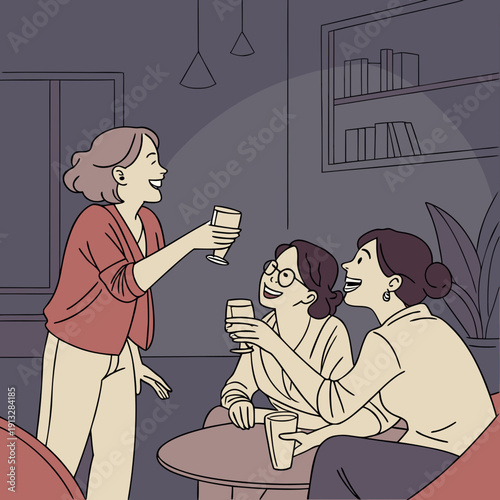 Friends clinking glasses during an evening get-together, toasting to friendship and good times, casual social gathering.