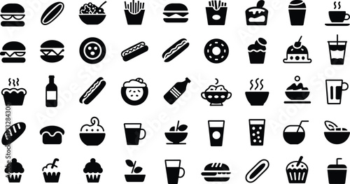 Food and drink icons, burger, sandwich, hot dog, fries, donut, cupcake, soup bowl, coffee cup, beverage glass, fast food illustration