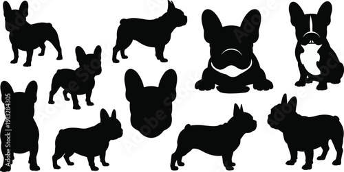 French Bulldog silhouettes, dog poses, pet artwork, animal design, side profile, front view, head silhouette, breed icon, black illustration, companion