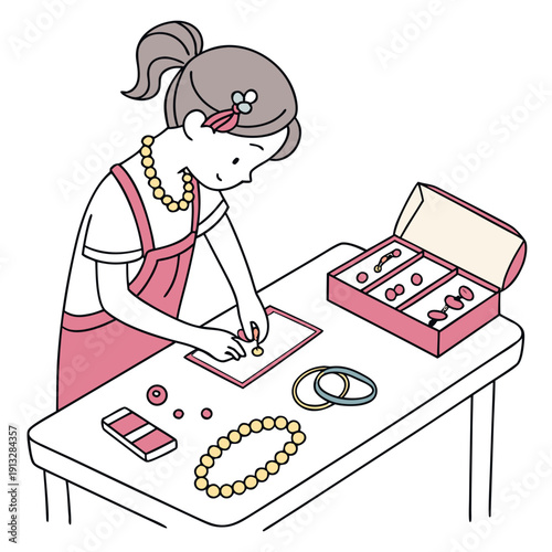 Creative young woman meticulously arranging delicate jewelry pieces on a clean white table, showcasing craftsmanship and attention to detail.