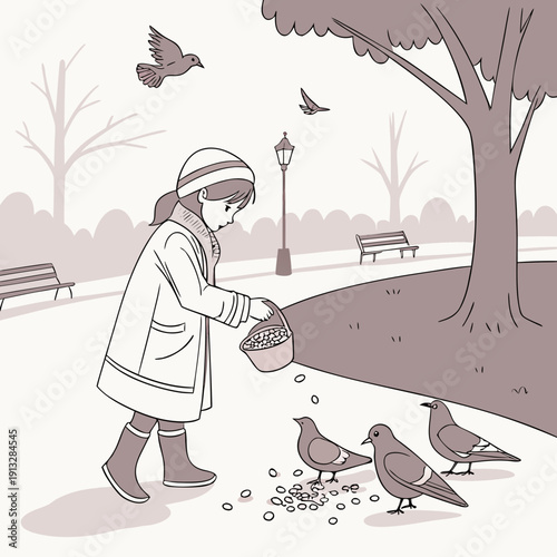 Charming vector illustration of a girl feeding pigeons in a pastel-hued open city square, creating a peaceful urban moment with birds.