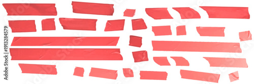 Scattered red tape pieces on white background, abstract creative design elements for collage and art projects