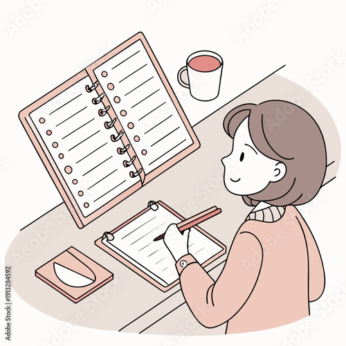 Focused young woman journaling in a bullet notebook with blank pages, creative planning and self-reflection at home, organized lifestyle.