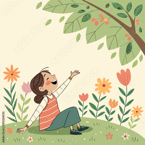 Young woman basking in warm sunlight filtering through lush green leaves in a serene garden, peaceful outdoor moment, connection with nature.