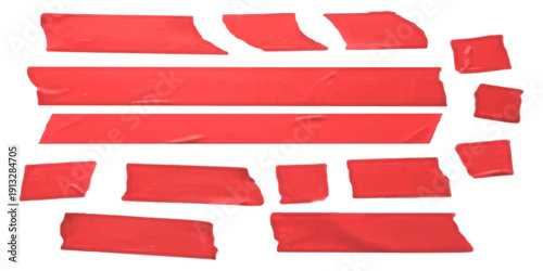 Collection of red adhesive tape pieces scattered on a white background, realistic vector illustration