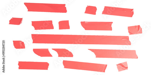 Collection of various red adhesive tape strips scattered on a white background, graphic design elements