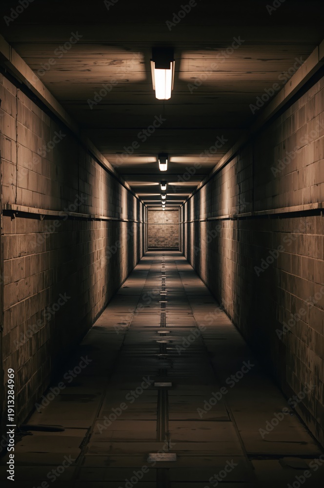 Fototapeta premium Long Hall With Lights Shining Down in a Dark Setting During the Day